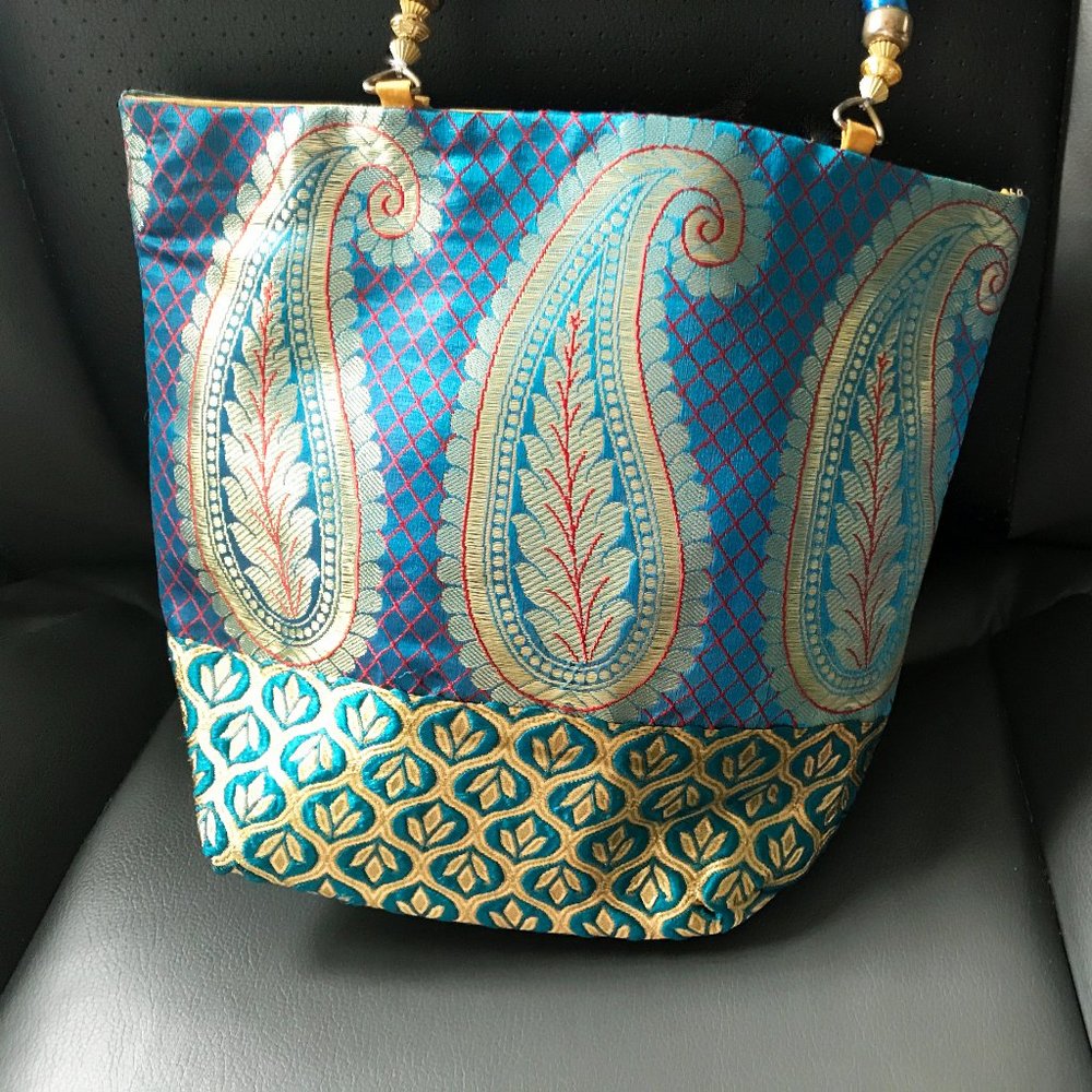 Blue & Gold Recycled Sari Handbag